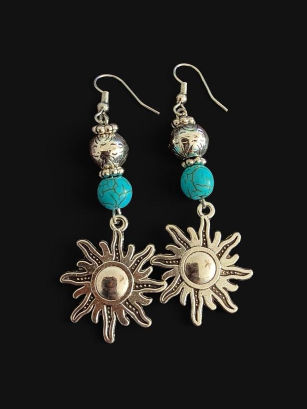 Handmade Silver Sun & Turquoise Boho Dangle Earrings Celestial Western